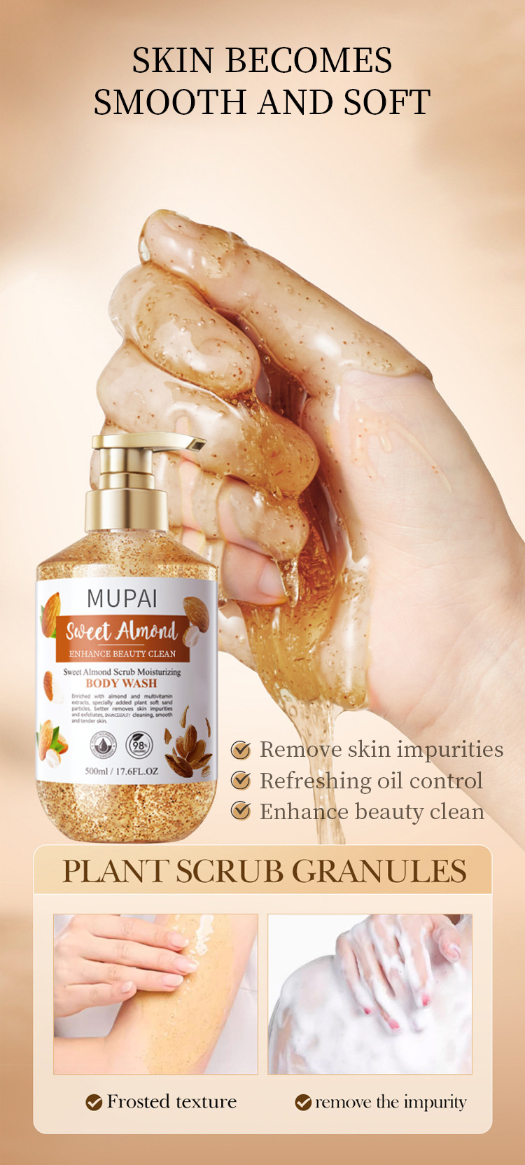 Sweet Almond Brightening Scrub Body Wash – Vitamin C Exfoliating & Moisturizing Shower Gel (5)